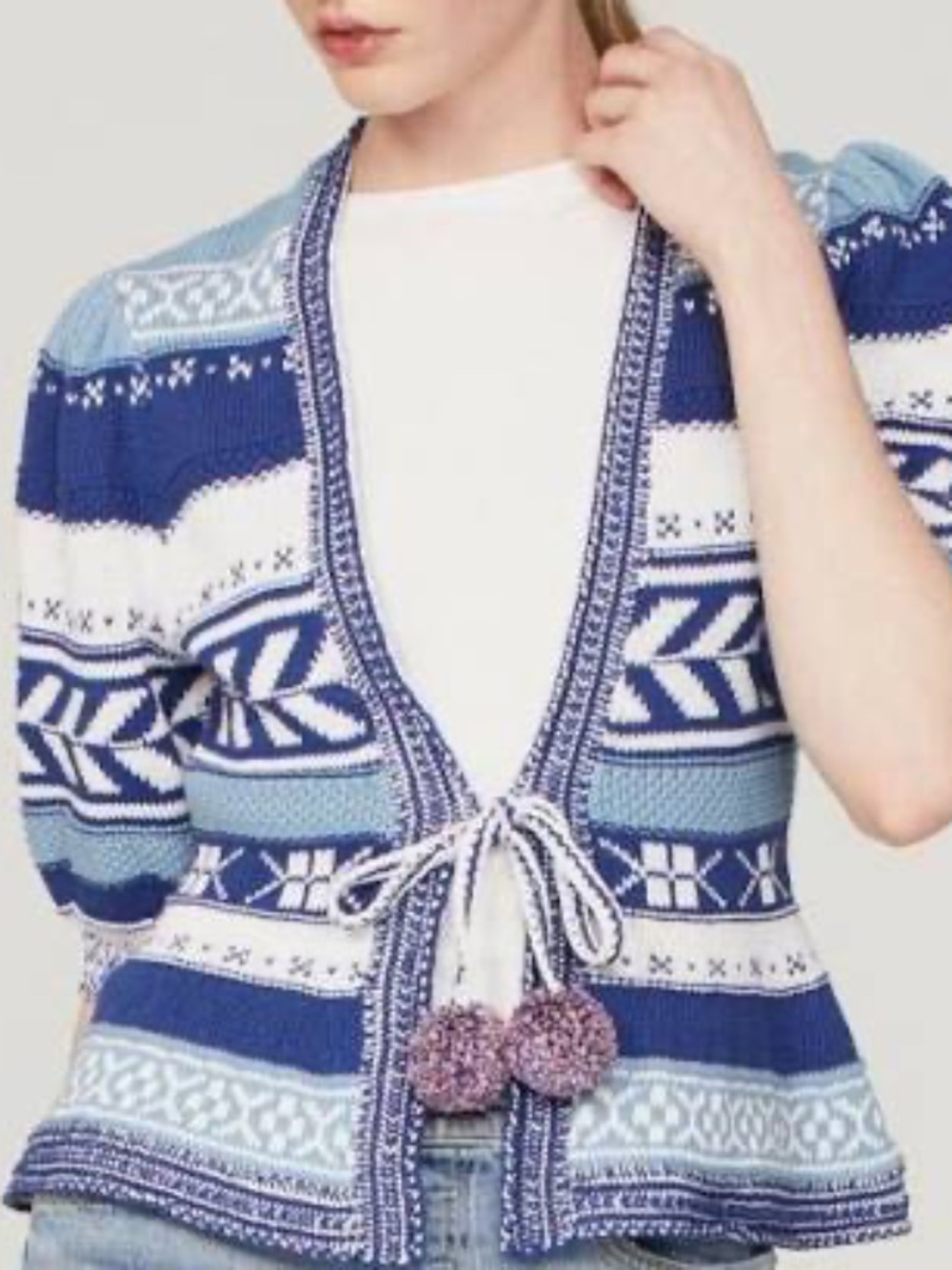 Polo Ralph Lauren Geo-Stripe Pom-Pom Linen-Blend Cardigan - size M - Picture 3 of 8